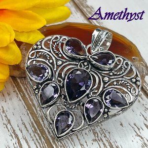 Heart Pendant Amethyst Large Handmade Statement 924 Silver Bohemian Sparkler